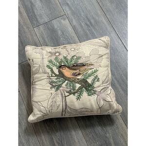 Vintage Grandin Road Linen Throw Pillow Embroidered Yellow Warbler Bird Beige